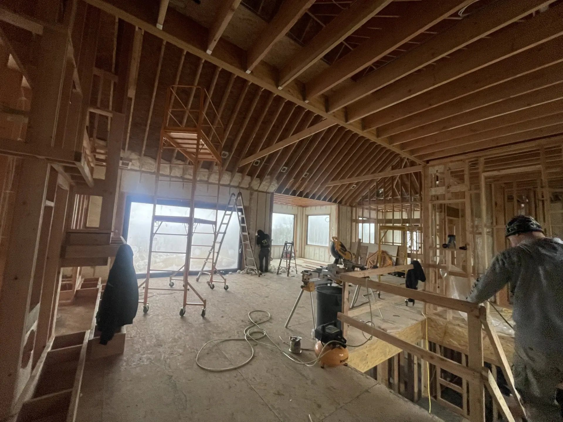 Interior framing and sheathing during a residential build